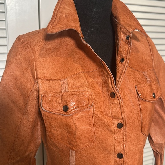 100% Genuine Leather Snap-Button Shirt Jacket (Size Medium, Rust Orange Vintage) - Picture 2 of 16